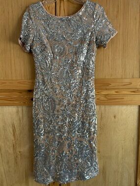 R&M Richards Silver Sequin Nude Midi Dress